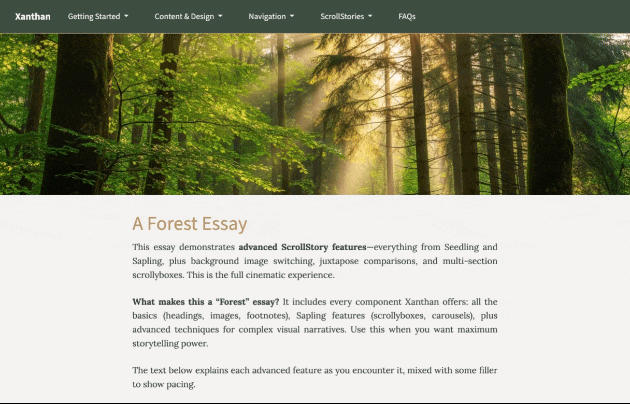 Animated example of a ScrollStory with background transitions and overlaid text panels
